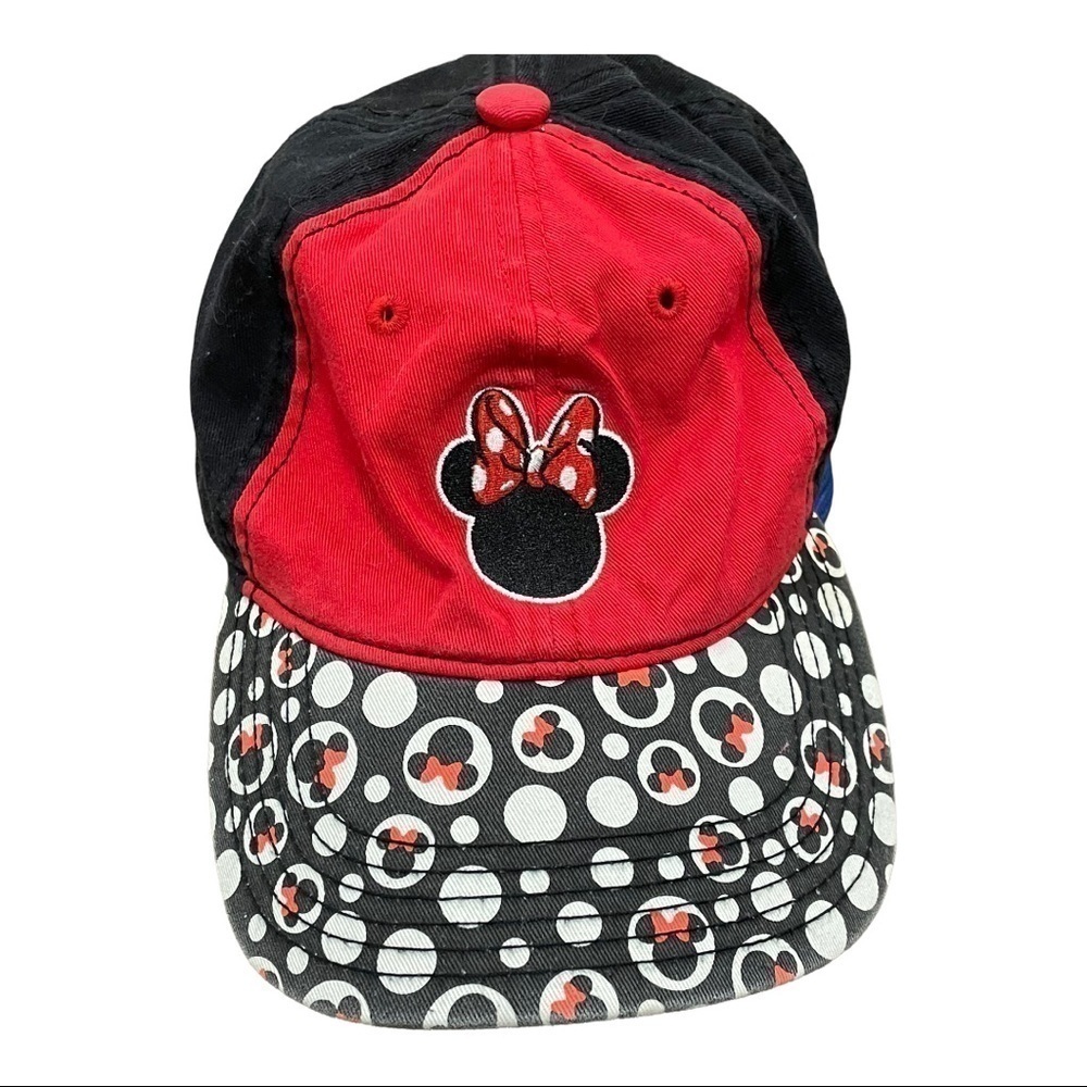 𝅺DISNEY Minnie Mouse red black cotton hat polka dot large bill, adjustable.